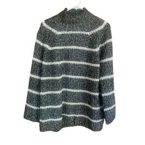 Chaps XL Black‎ Grey White Striped Sweater Mock Neck Oversized Chunky Heavy Knit
